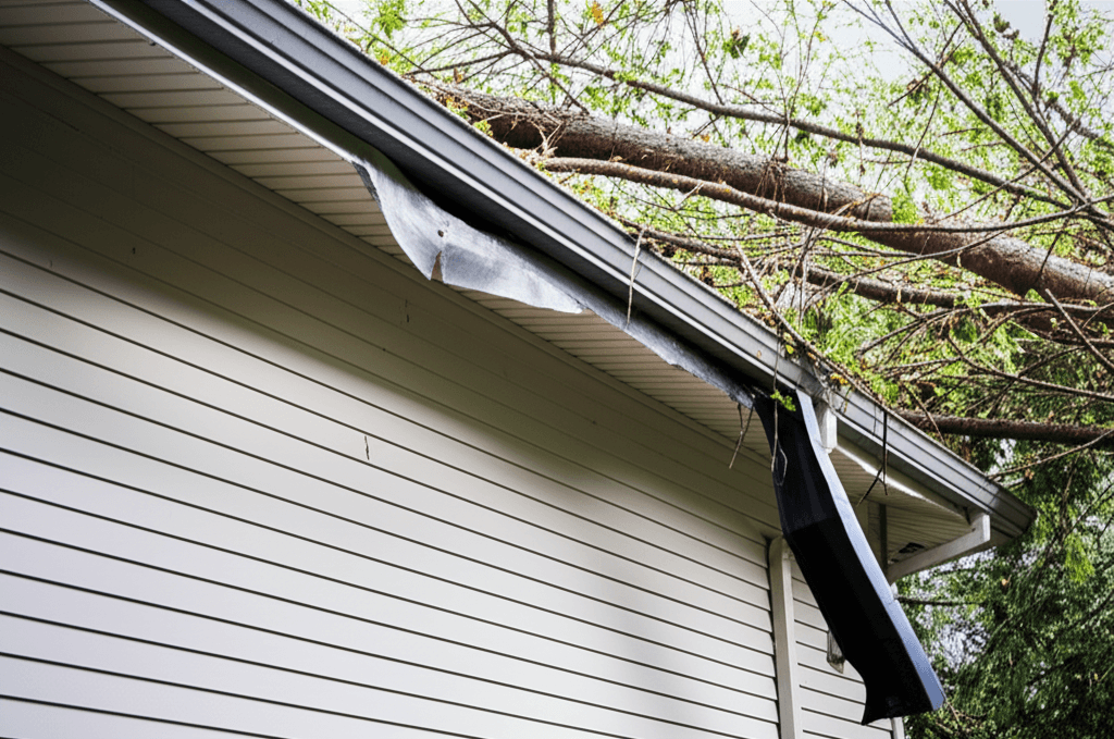 Storm damaged gutters requiring emergency repair
