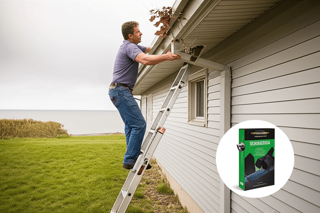 Homeowner cleaning gutters on ladder