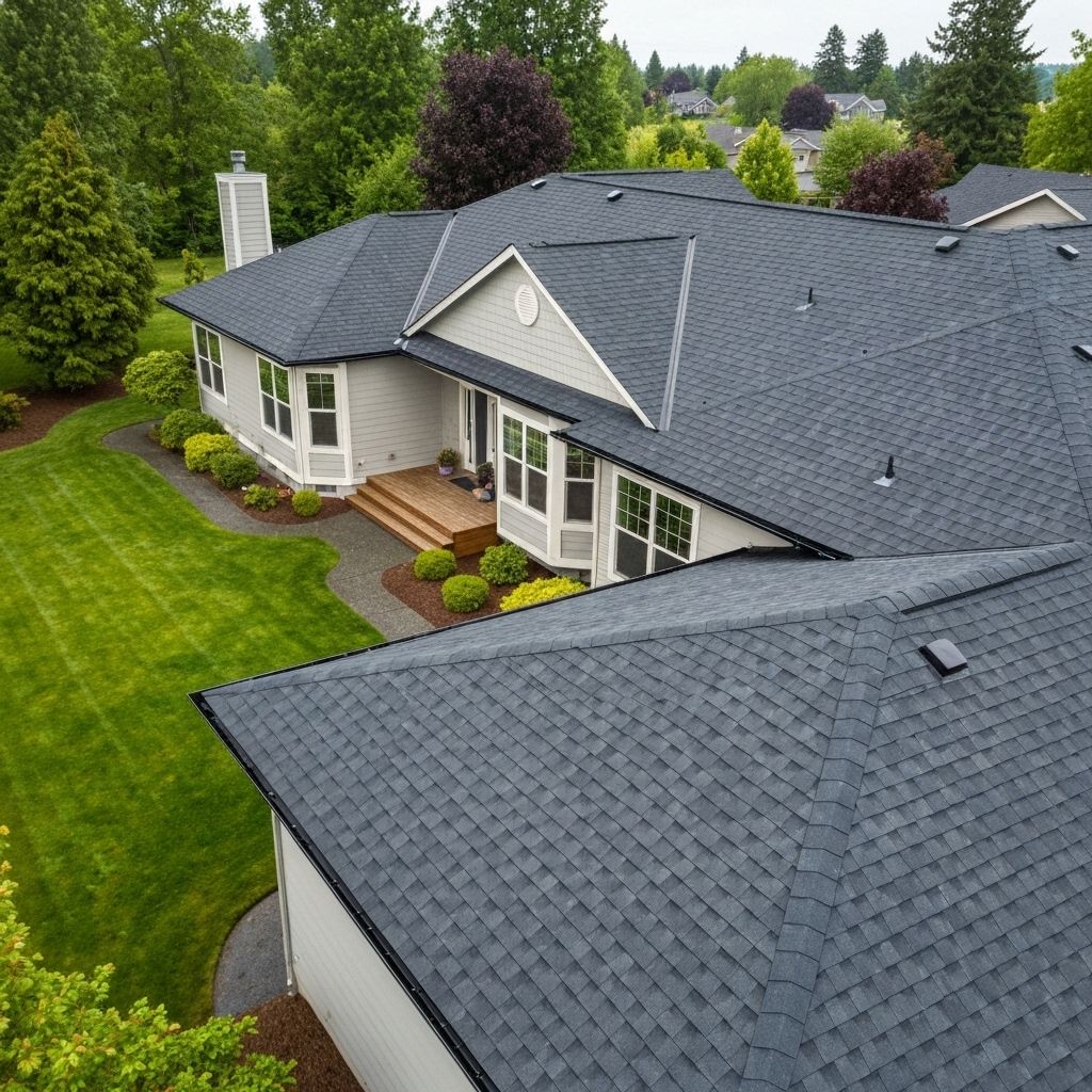 Professional seamless gutter installation on Beaverton Oregon family home with children playing safely in yard